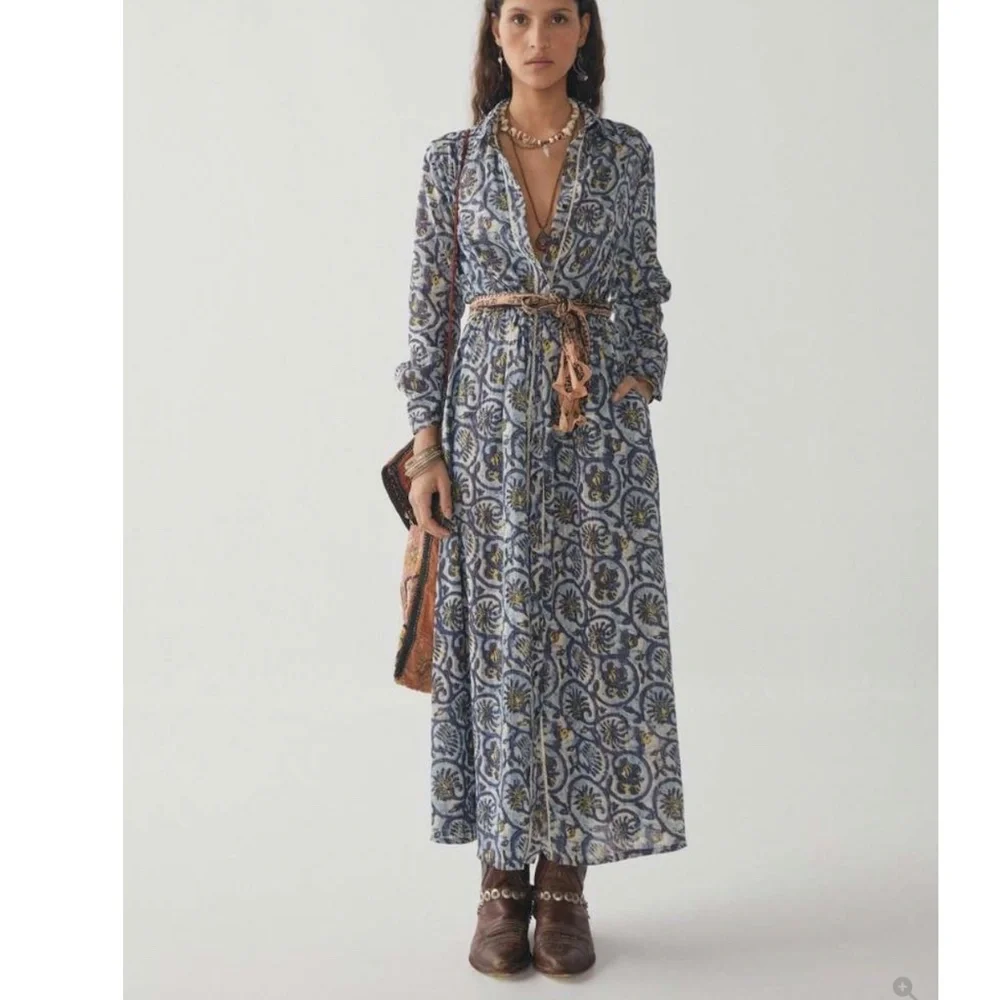 Maison Hotel Roberta Dress Vintage Blue and Ivory  Size XL - Picture 1 of 11